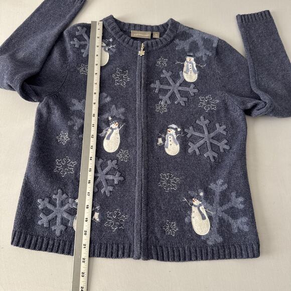 Women's Petite S Christmas Wool Blend Embroidered Snowmen Full Zip Cardigan Blue - Picture 8 of 10